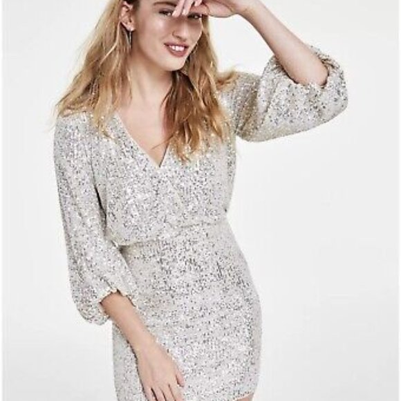 NWT ELIZA J Sequined Blouson Shift Dress Silver size 6 Wedding Guest Evening - Picture 10 of 10